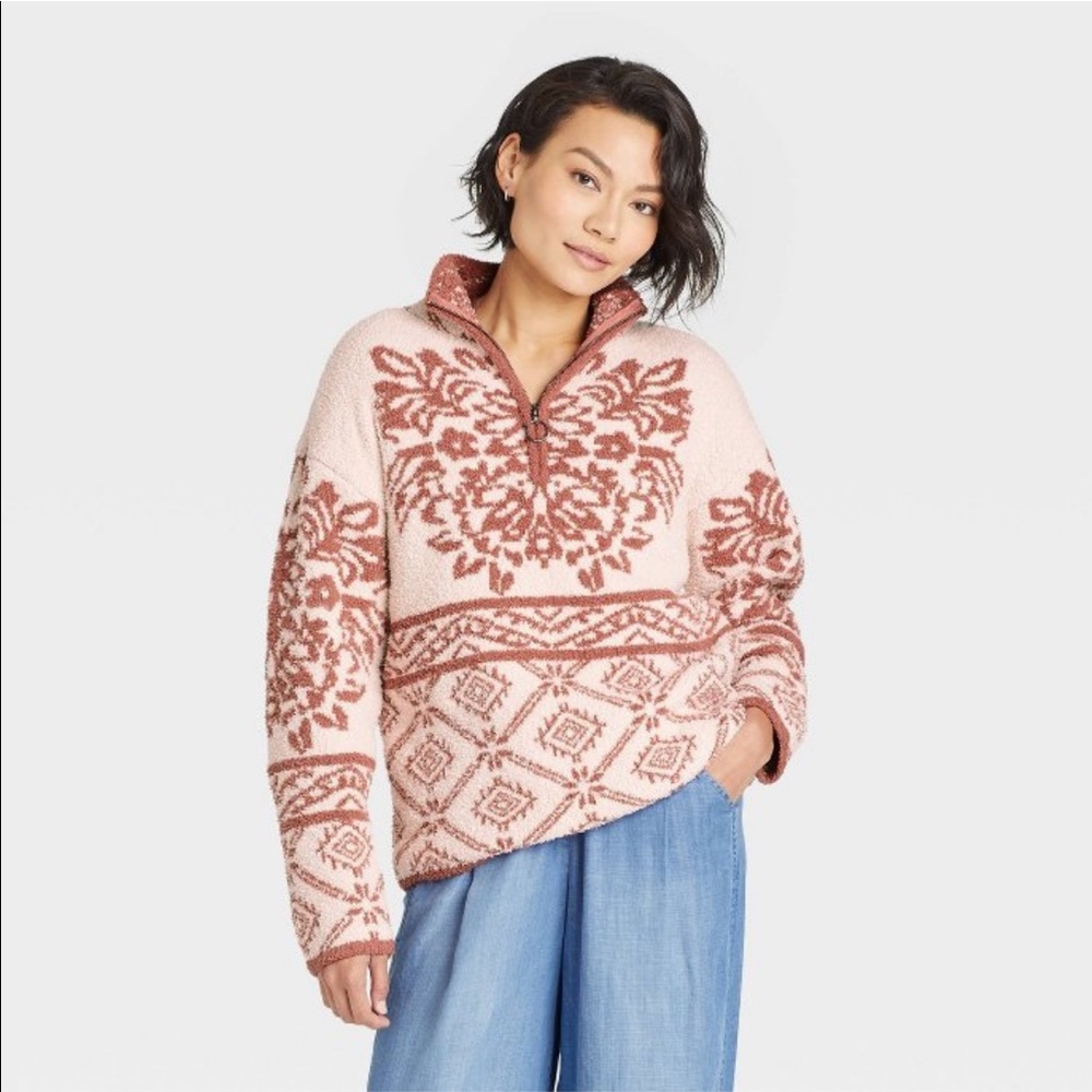 Knox Rose Pink Quarter Zip Damask Pullover Sweater- Medium